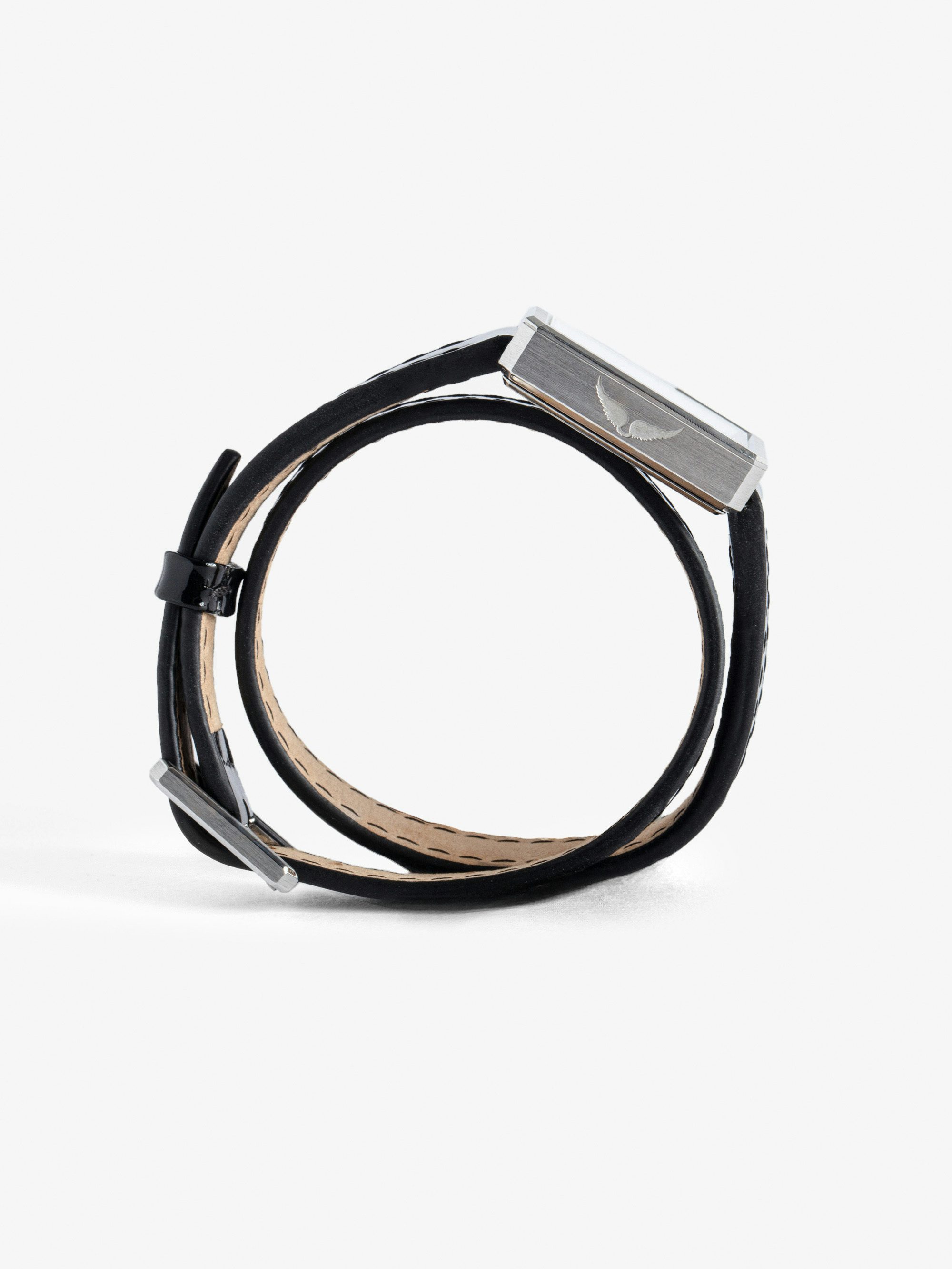 Cecilia Watch - Women’s rectangular dial silver-tone watch with double wrap leather strap.